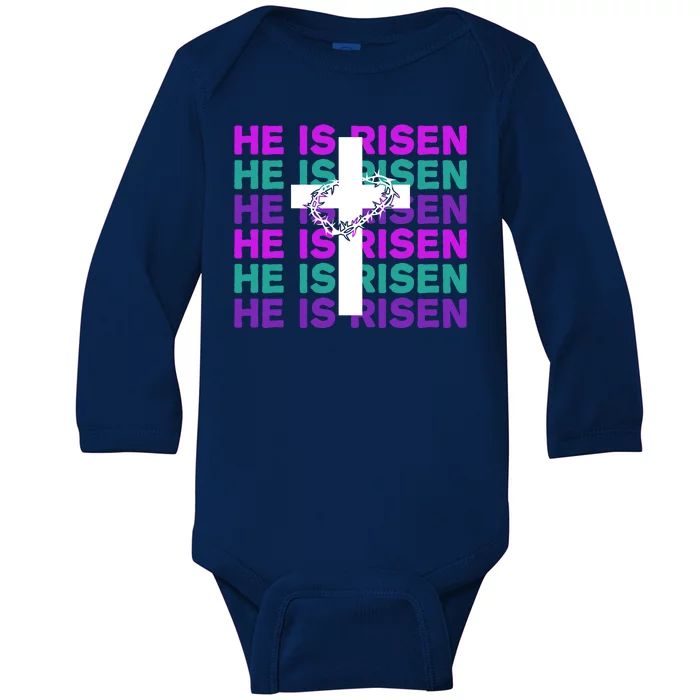 He Is Risen Retro Cross Easter Baby Long Sleeve Bodysuit