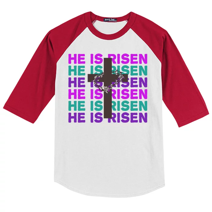 He Is Risen Retro Cross Easter Kids Colorblock Raglan Jersey