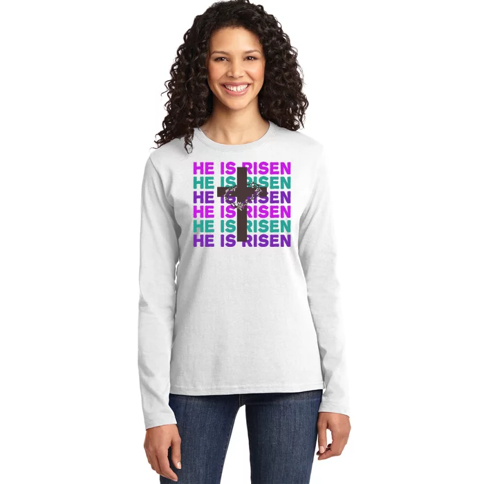 He Is Risen Retro Cross Easter Ladies Long Sleeve Shirt