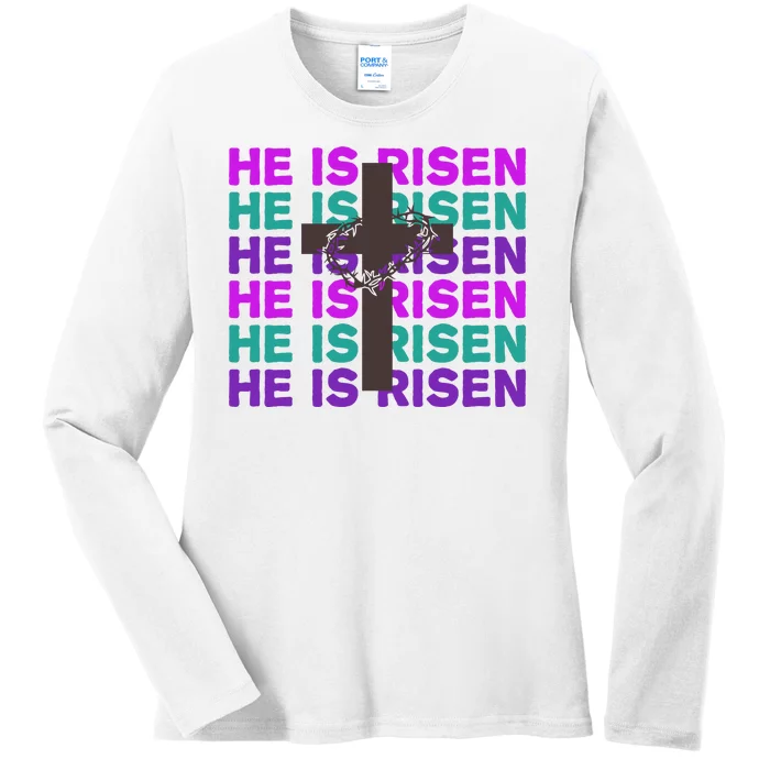 He Is Risen Retro Cross Easter Ladies Long Sleeve Shirt