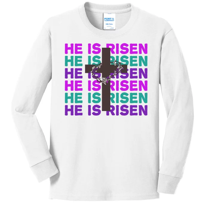 He Is Risen Retro Cross Easter Kids Long Sleeve Shirt