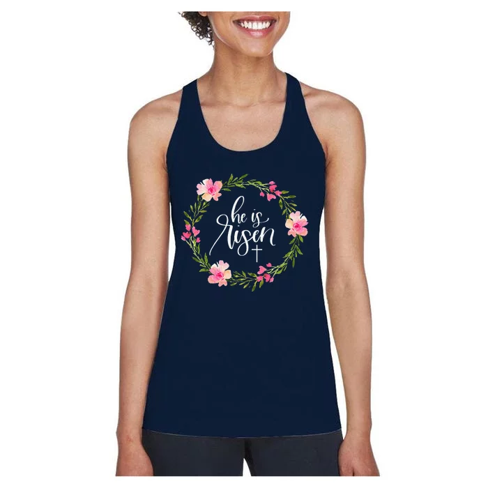 He Is Risen Jesus Christian Happy Easter Floral Wreath Women's Racerback Tank