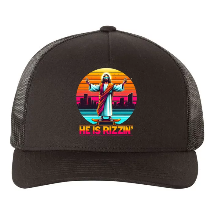 He Is Rizzen Christian Jesus Has Rizzen Skateboarding Lover Yupoong Adult 5-Panel Trucker Hat