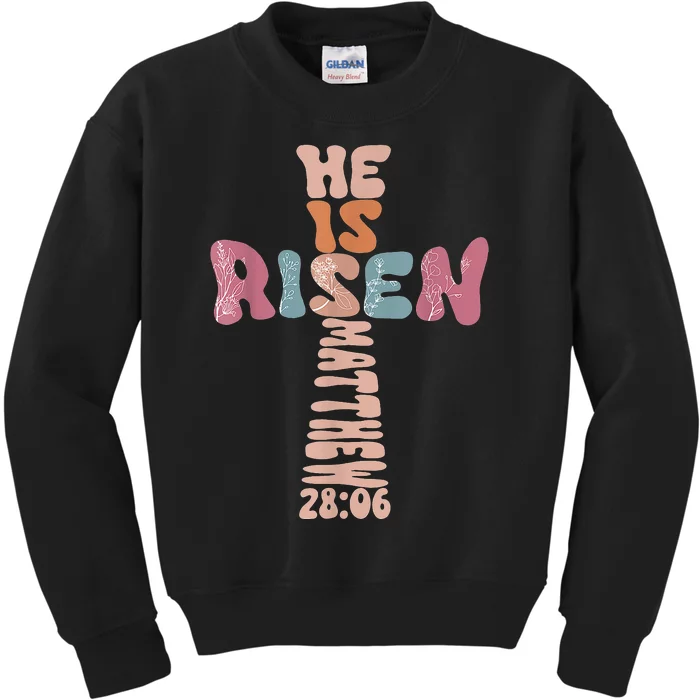 He Is Risen Cross Easter Jesus Christian Vintage Groovy Kids Sweatshirt