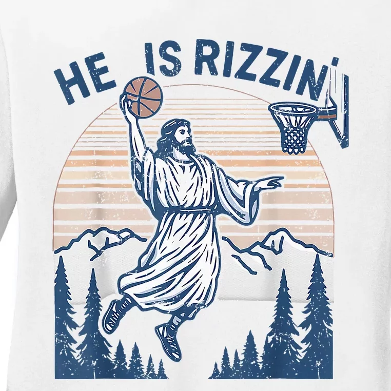 He Is Rizen Funny Easter Basketball Jesus Ladies Long Sleeve Shirt