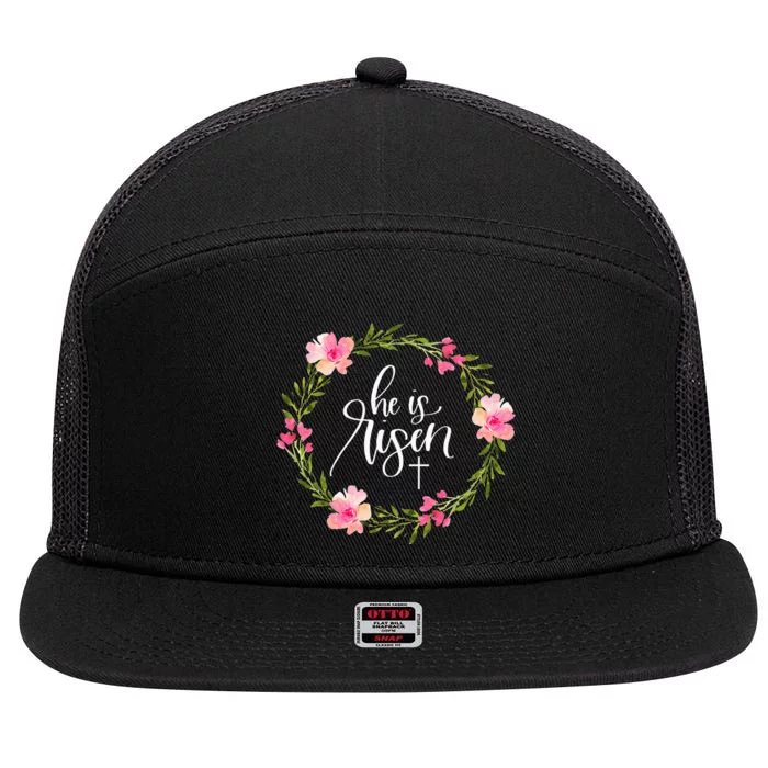 He is Risen Jesus Christian Happy Easter Floral Wreath 7 Panel Mesh Trucker Snapback Hat