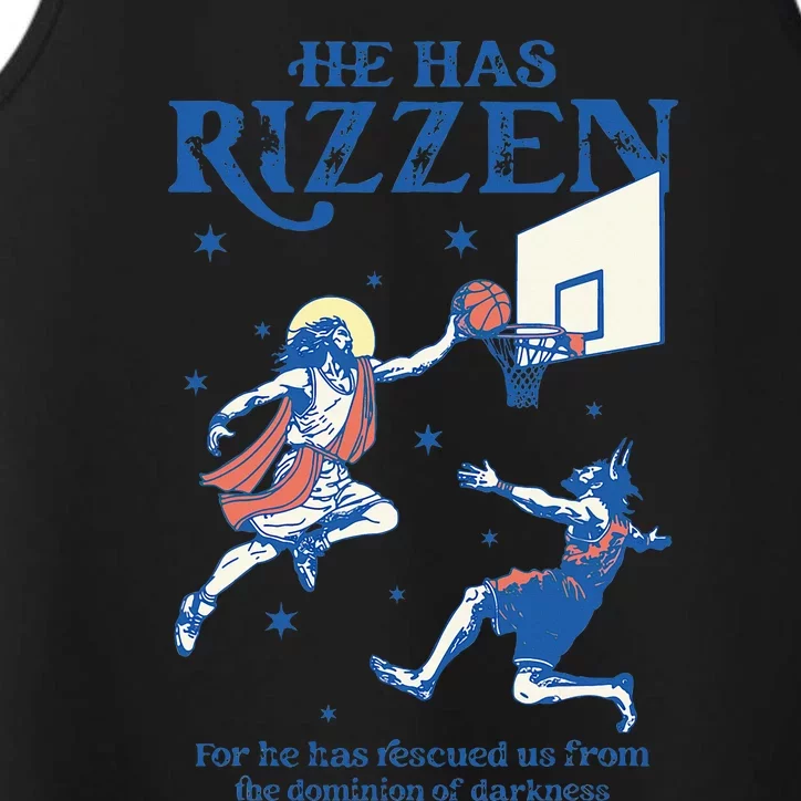 He Is Rizzin Funny Easter Day Jesus Playing Basketball Performance Tank