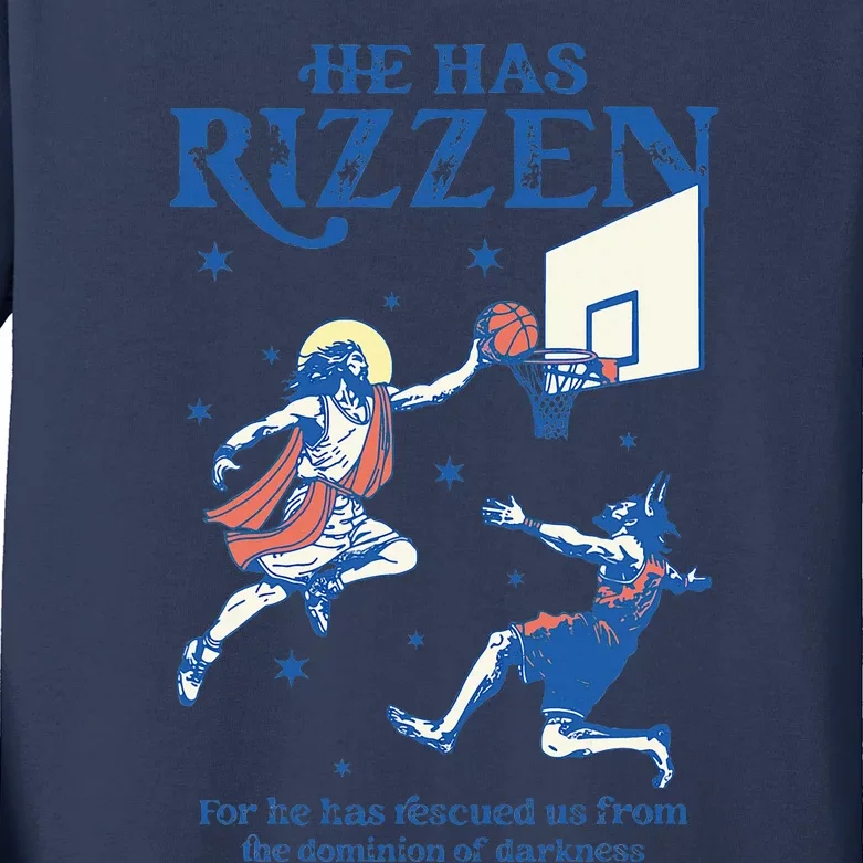 He Is Rizzin Funny Easter Day Jesus Playing Basketball Kids Long Sleeve Shirt