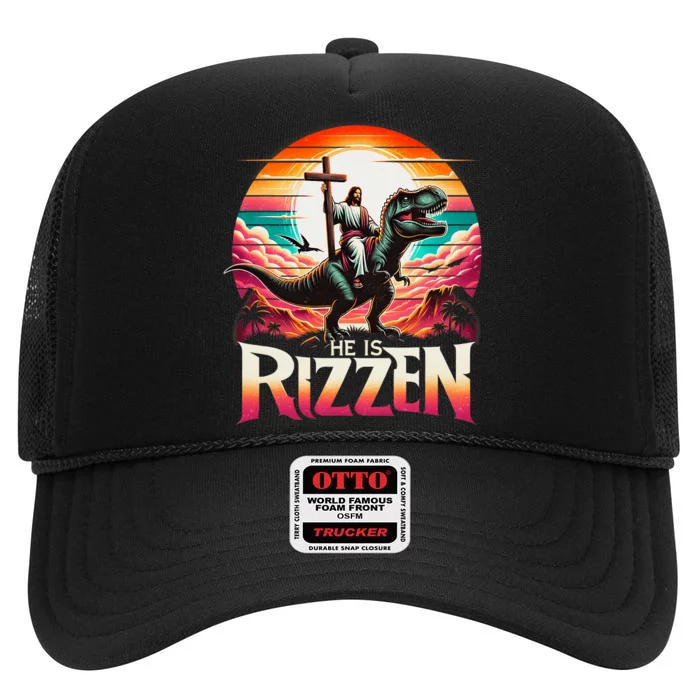 He Is Rizzen Jesus Has Rizzen Retro Christian Dinosaur High Crown Mesh Trucker Hat