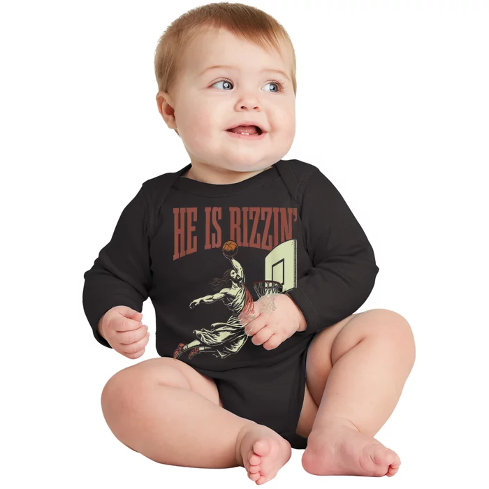 He Is Rizzin Funny Jesus Playing Basketball Meme Easter Baby Long Sleeve Bodysuit