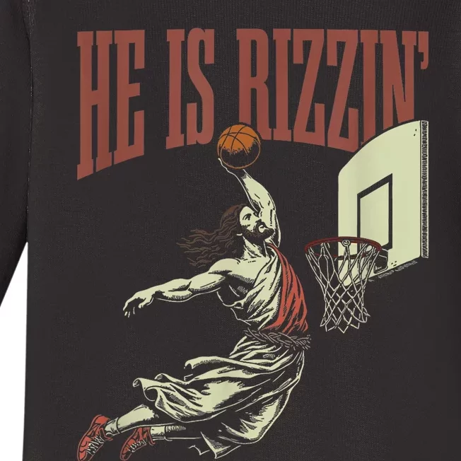 He Is Rizzin Funny Jesus Playing Basketball Meme Easter Baby Long Sleeve Bodysuit