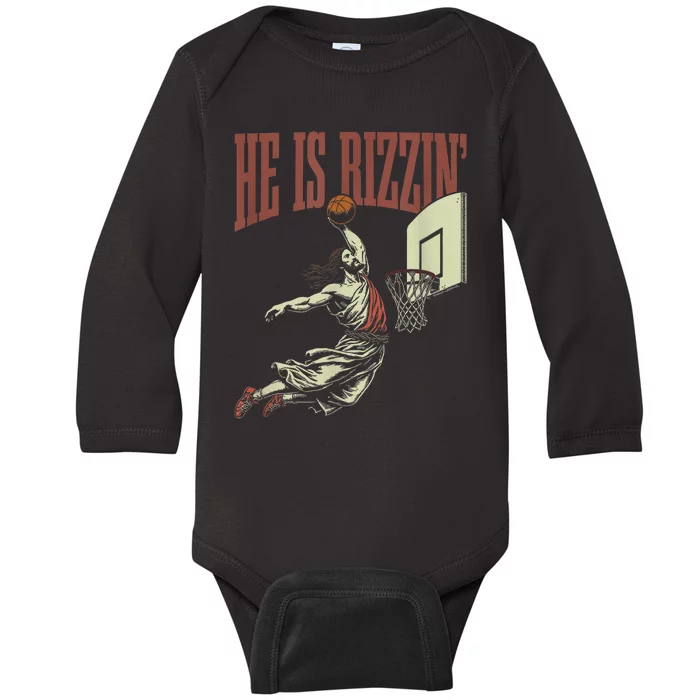 He Is Rizzin Funny Jesus Playing Basketball Meme Easter Baby Long Sleeve Bodysuit