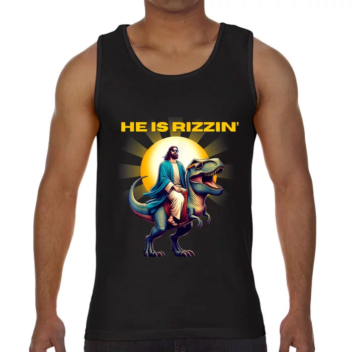 He Is Rizzen Jesus Has Rizzen Retro Christian Dinosaur Comfort Colors® Tank Top