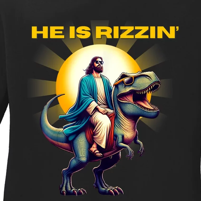 He Is Rizzen Jesus Has Rizzen Retro Christian Dinosaur Ladies Long Sleeve Shirt