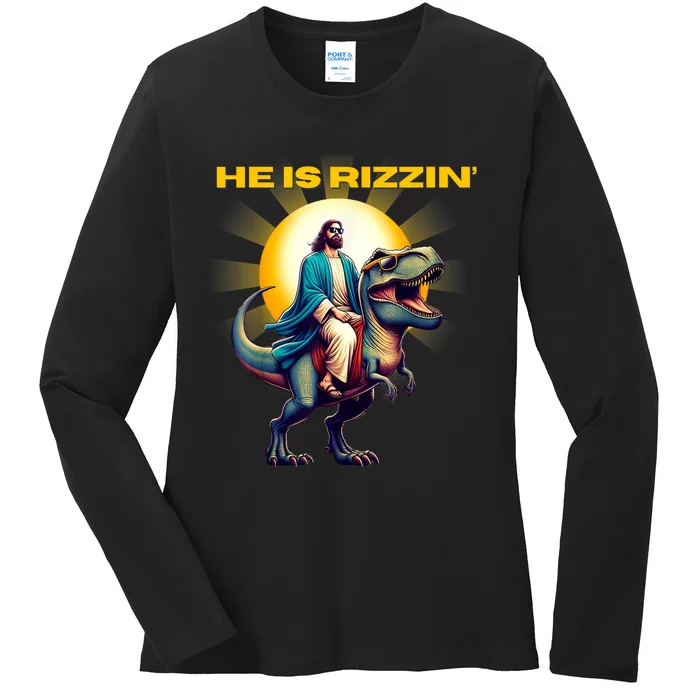 He Is Rizzen Jesus Has Rizzen Retro Christian Dinosaur Ladies Long Sleeve Shirt