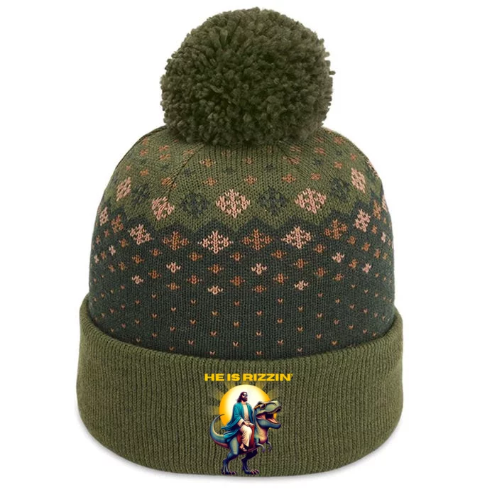 He Is Rizzen Jesus Has Rizzen Retro Christian Dinosaur The Baniff Cuffed Pom Beanie