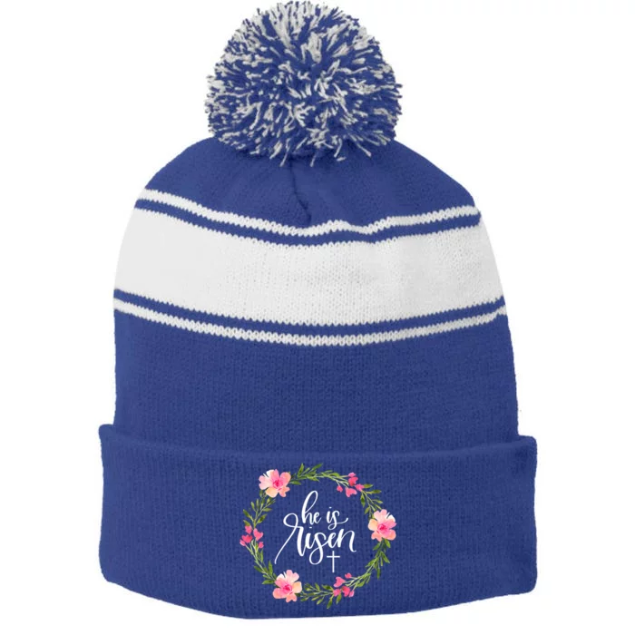 He Is Risen Jesus Christian Happy Easter Floral Wreath Gift Stripe Pom Pom Beanie