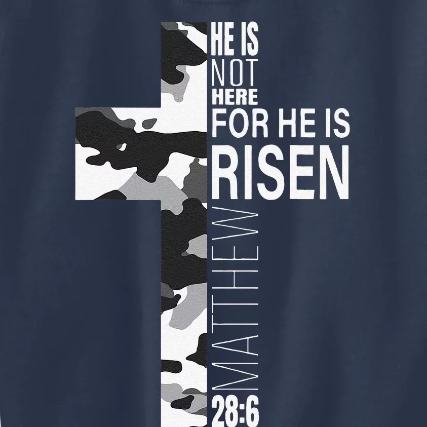 He Is Risen Christian Easter Bible Verse Camo Cross Graphic Kids Sweatshirt