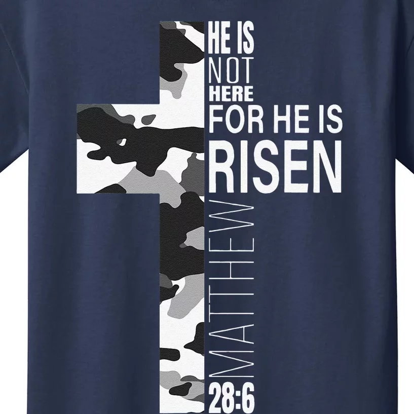 He Is Risen Christian Easter Bible Verse Camo Cross Graphic Kids T-Shirt