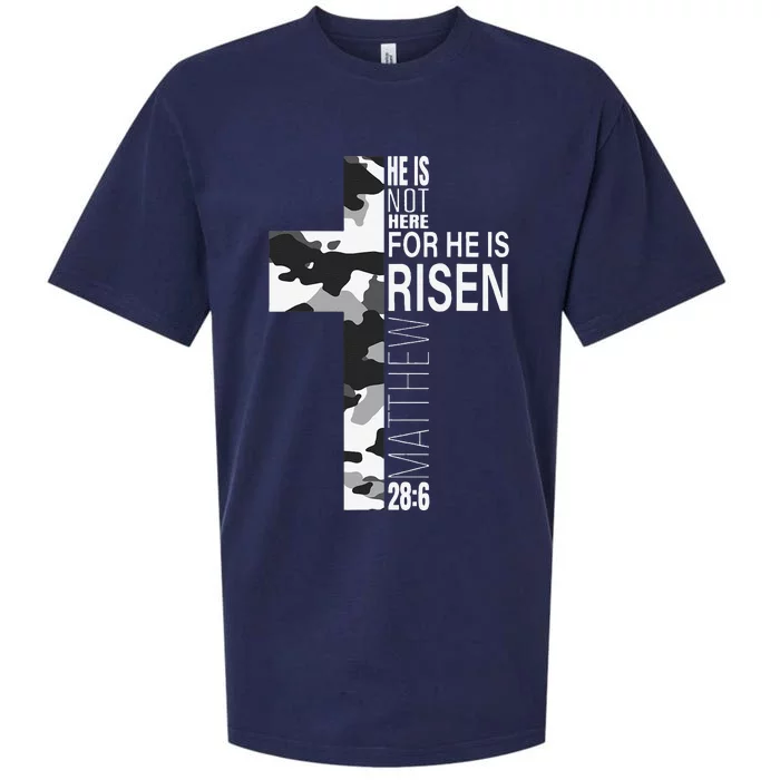 He Is Risen Christian Easter Bible Verse Camo Cross Graphic Sueded Cloud Jersey T-Shirt