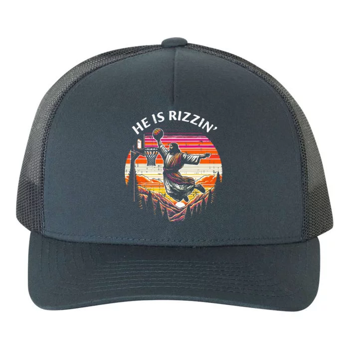 He Is Rizzin Jesus Basketball Easter Christian Yupoong Adult 5-Panel Trucker Hat