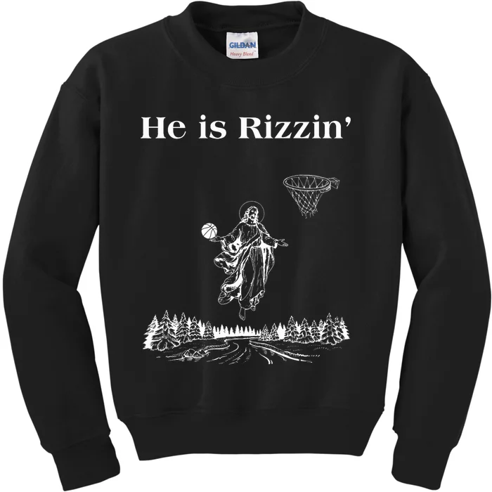 He Is Rizzin Funny Basketball Retro Christian Religious Kids Sweatshirt