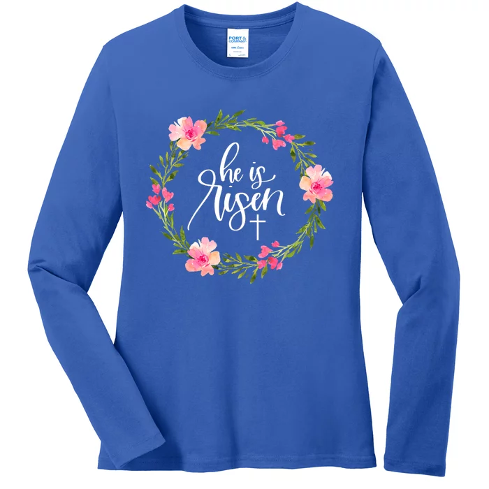 He Is Risen Jesus Christian Happy Easter Floral Wreath Great Gift Ladies Long Sleeve Shirt