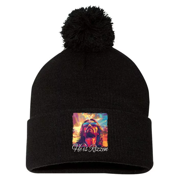 He Is Rizzen Jesus Trending Design Pom Pom 12in Knit Beanie