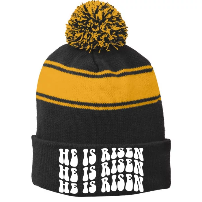 He Is Risen Jesus Retro Groovy Easter Stripe Pom Pom Beanie