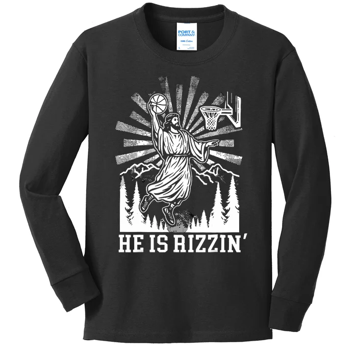 He Is Rizzin Funny Jesus Basketball Christian Religious Kids Long Sleeve Shirt