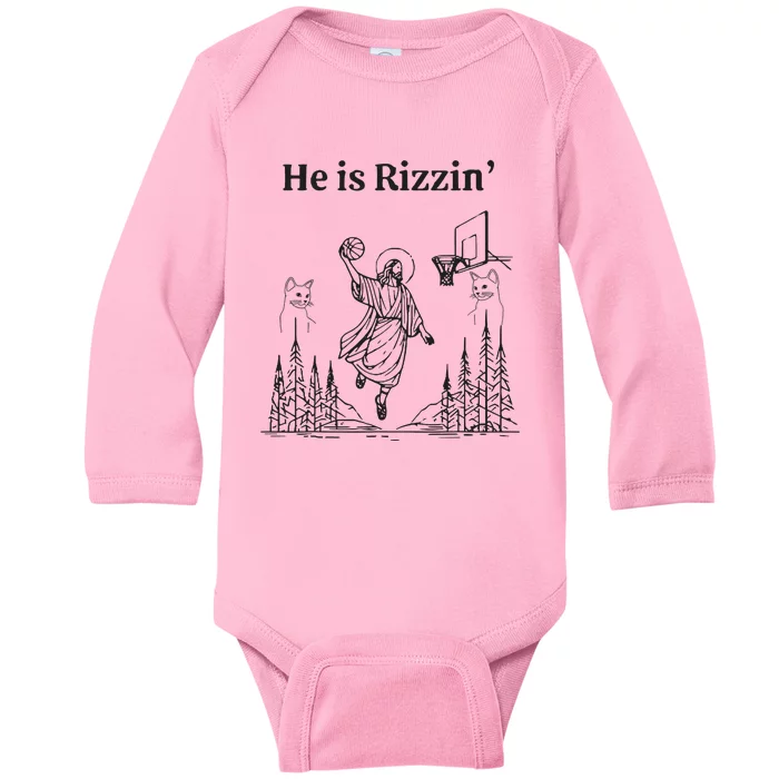 He Is Rizzin Funny Basketball Retro Christian Religious Baby Long Sleeve Bodysuit