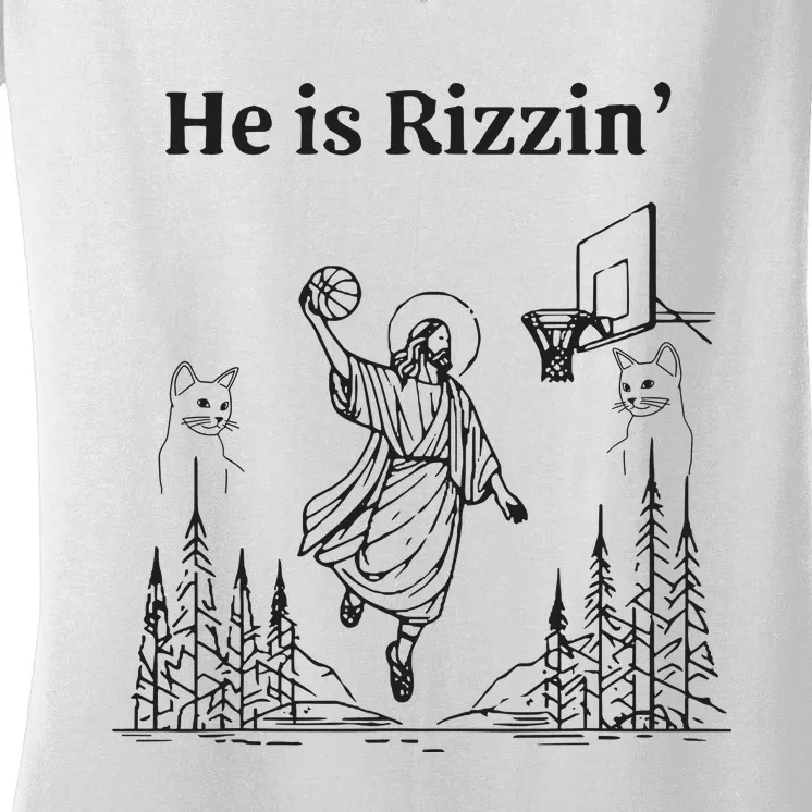 He Is Rizzin Funny Basketball Retro Christian Religious Women's V-Neck T-Shirt