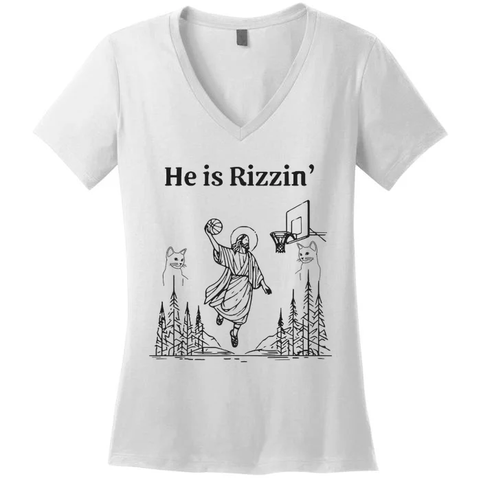 He Is Rizzin Funny Basketball Retro Christian Religious Women's V-Neck T-Shirt