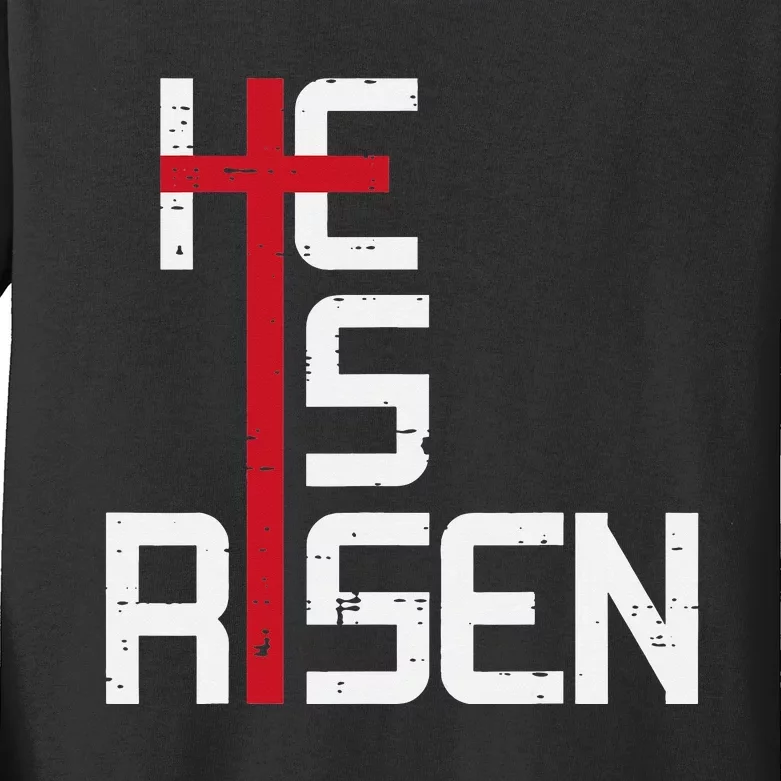 He Is Risen Cross Jesus Easter Christian Religious Kids Long Sleeve Shirt