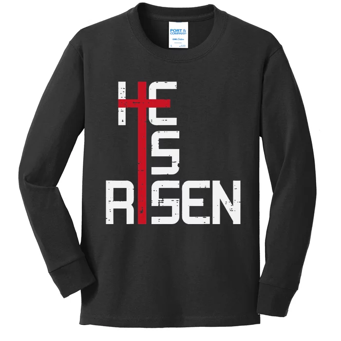 He Is Risen Cross Jesus Easter Christian Religious Kids Long Sleeve Shirt