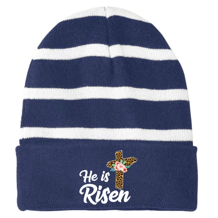 He Is Risen Jesus Christ Easter Cross Striped Beanie with Solid Band