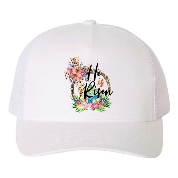 He Is Risen Cross Jesus Easter Christians Leopard Women Yupoong Adult 5-Panel Trucker Hat