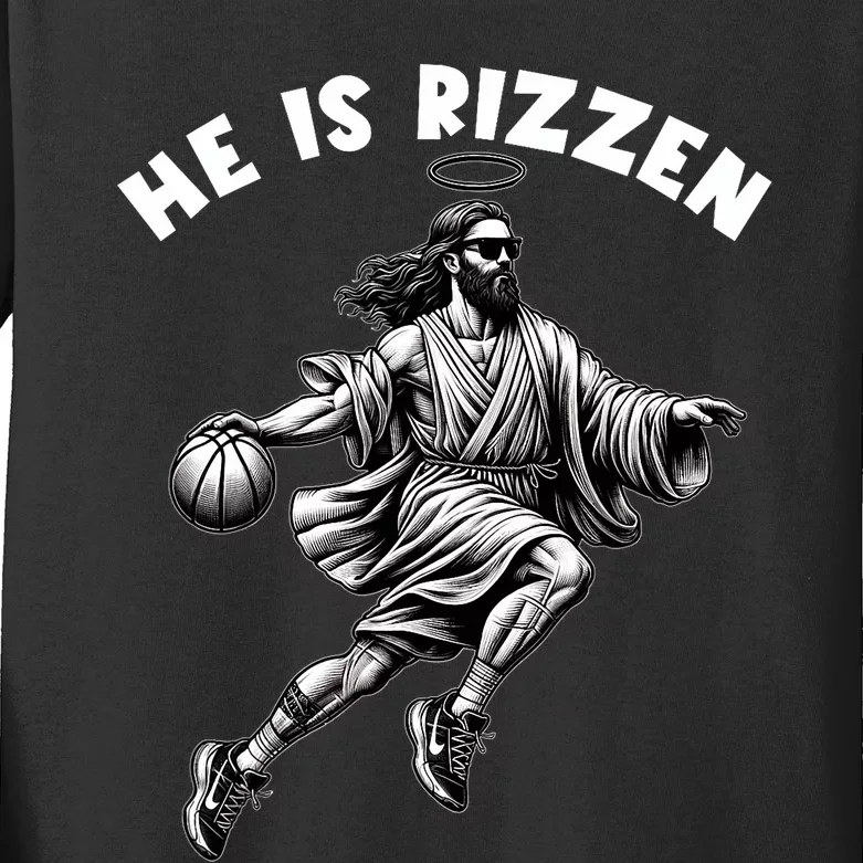 He Is Rizzen Jesus Playing Basketball Funny Easter Day Kids Long Sleeve Shirt