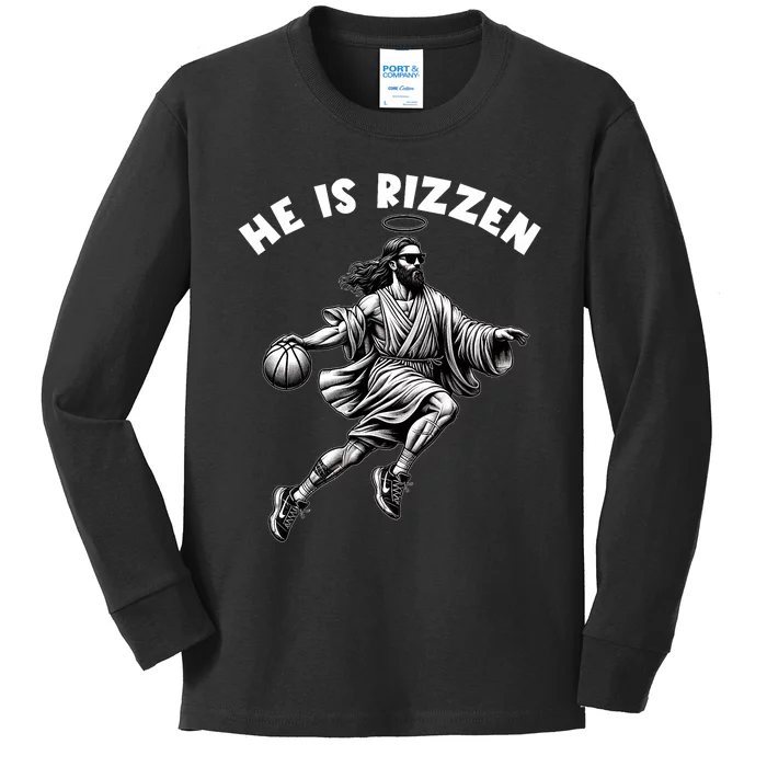 He Is Rizzen Jesus Playing Basketball Funny Easter Day Kids Long Sleeve Shirt