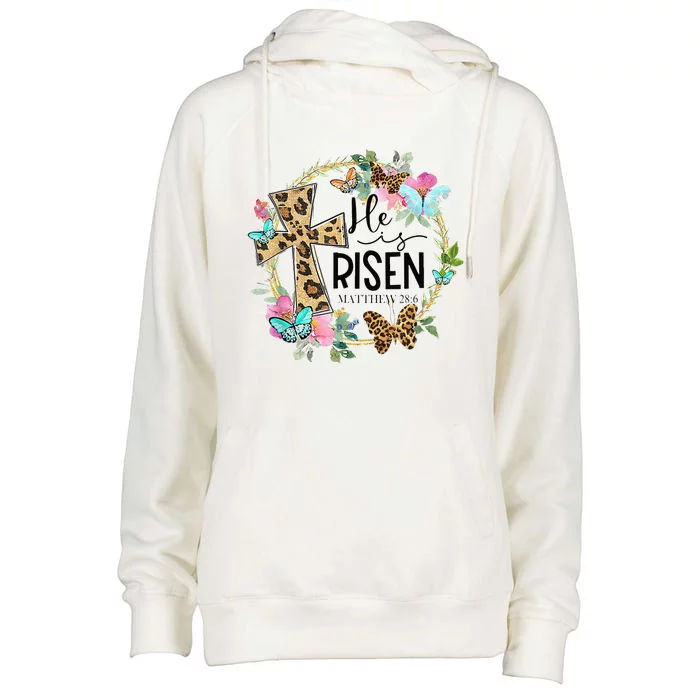 He Is Risen Jesus Christian Leopard Easter Day Floral Wreath Womens Funnel Neck Pullover Hood