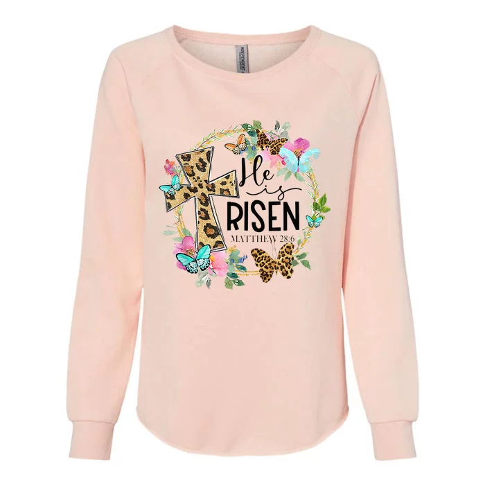 He Is Risen Jesus Christian Leopard Easter Day Floral Wreath Womens California Wash Sweatshirt