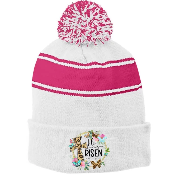 He Is Risen Jesus Christian Leopard Easter Day Floral Wreath Stripe Pom Pom Beanie