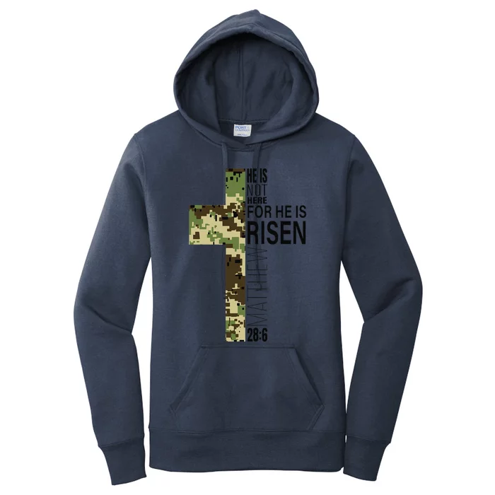 He Is Risen Christian Easter Verse Green Camo Cross Women's Pullover Hoodie