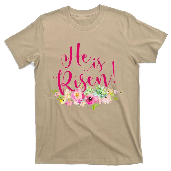 He Is Risen Womens Christian Easter Floral T-Shirt