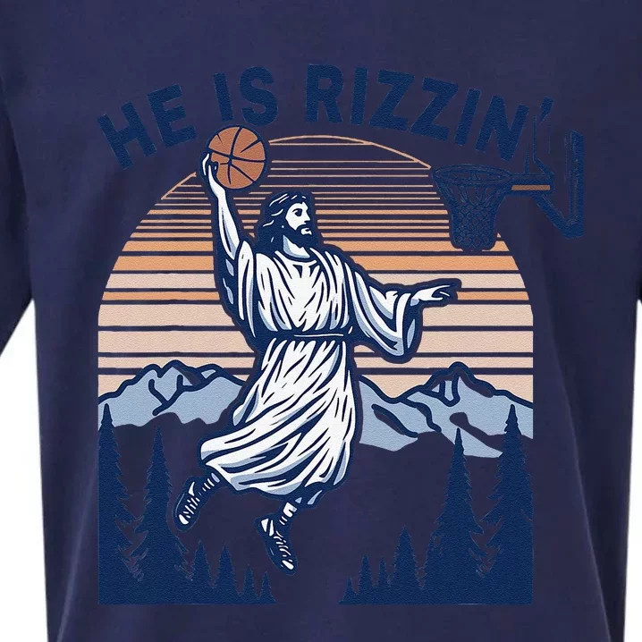 He Is Rizzin Funny Jesus Playing Basketball Meme Christian Sueded Cloud Jersey T-Shirt