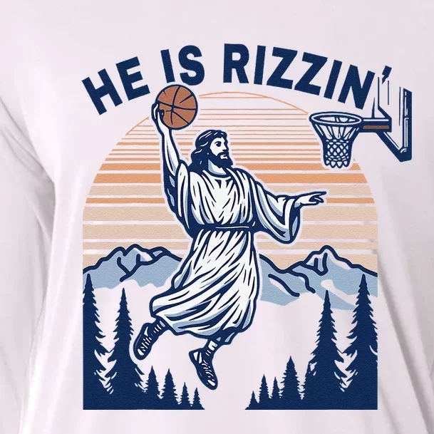 He Is Rizzin Funny Jesus Playing Basketball Meme Christian Cooling Performance Long Sleeve Crew