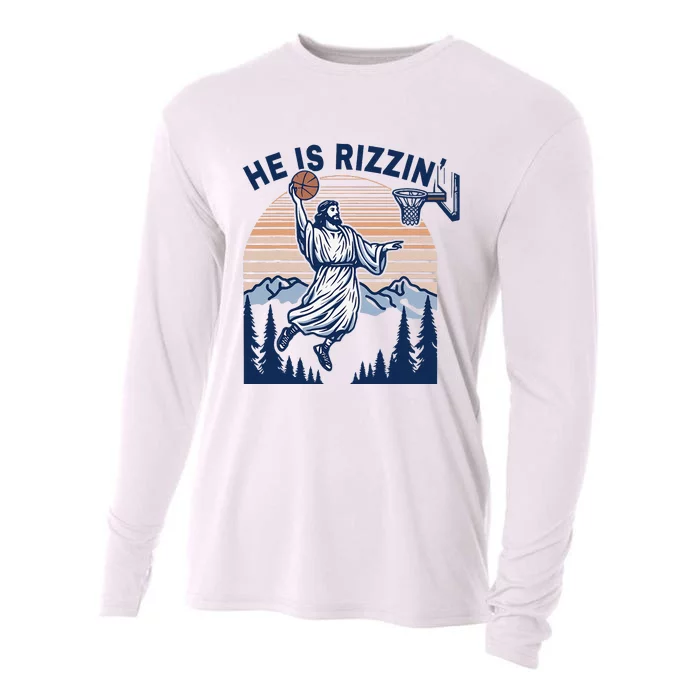 He Is Rizzin Funny Jesus Playing Basketball Meme Christian Cooling Performance Long Sleeve Crew