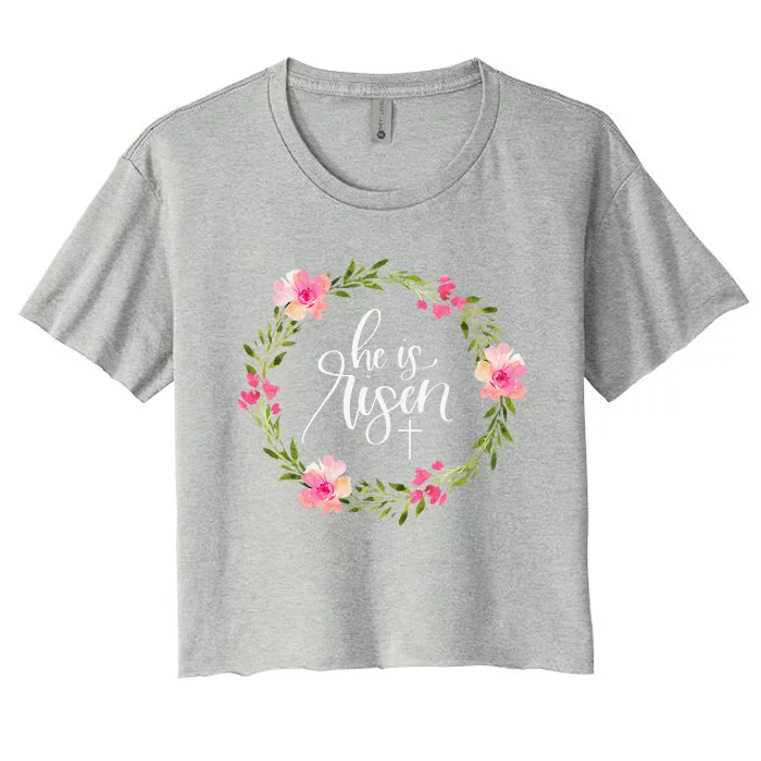 He Is Risen Jesus Christian Happy Easter Floral Wreath Women's Crop Top Tee