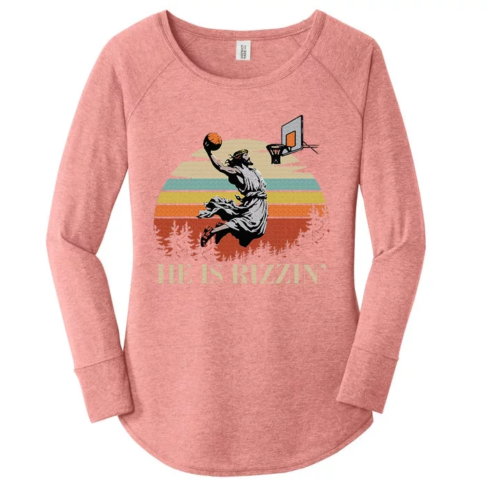 He Is Rizzin Jesus Playing Basketball Funny Easter Day Women's Perfect Tri Tunic Long Sleeve Shirt