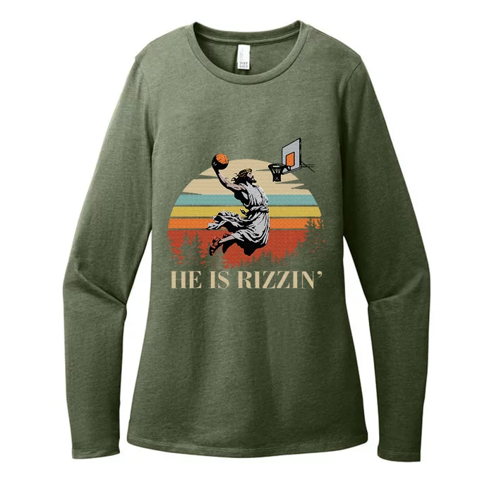 He Is Rizzin Jesus Playing Basketball Funny Easter Day Womens CVC Long Sleeve Shirt